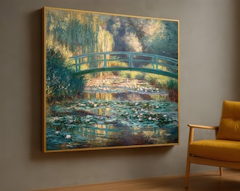 Impresión en lienzo de Nenúfares de Monet: Arte mural impresionista de puente japonés