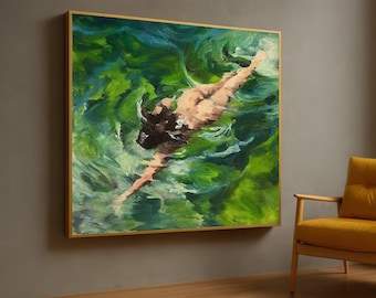 May include: A rectangular oil painting in a gold frame depicting a person swimming underwater. The artwork features expressive, thick brushstrokes in shades of emerald, lime, and forest green, capturing the movement of light and water ripples.