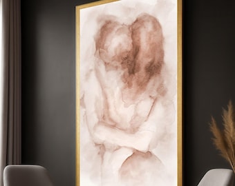 Romantic Couple Watercolor Canvas Art: Abstract Embrace, Ready to Hang