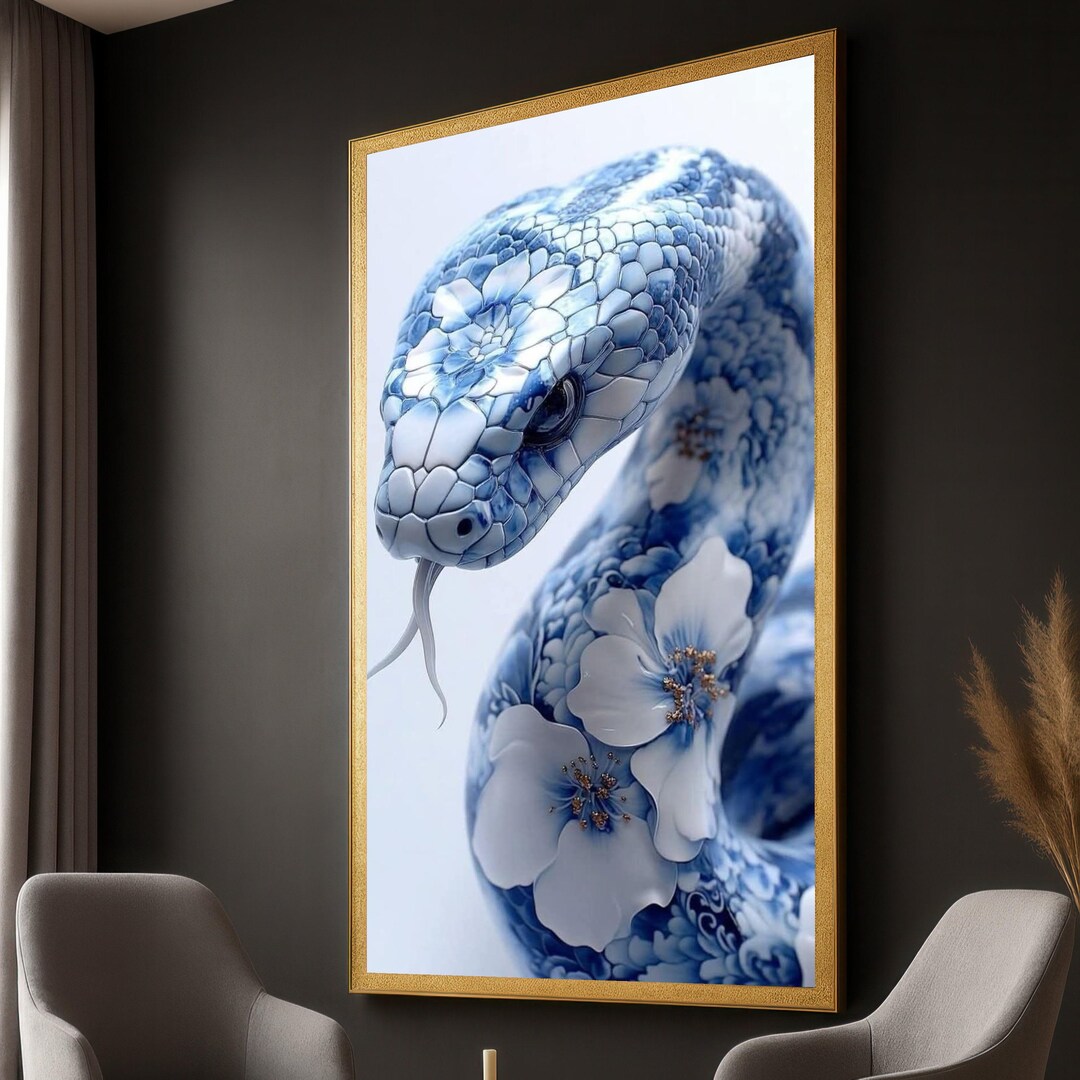 Blue Porcelain Snake Canvas: Floral Ceramic Style Wall Art - Etsy