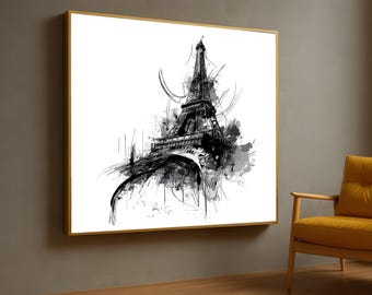 Eiffelturm Skizze, Leinwand, Paris Wahrzeichen, Schwarzweiß-Illustration, Urbane Stadtansicht, Modernes Wohndekor
