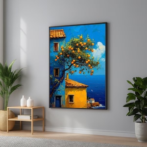 Mediterranean Orange Tree Canvas Print: Coastal Village Wall Art
