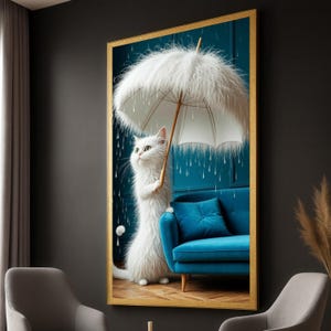 Whimsical White Cat Holding Feather Umbrella, Rainy Day Canvas, Cute Animal Wall Art, Blue Room Decor, Cozy Home Canvas Print