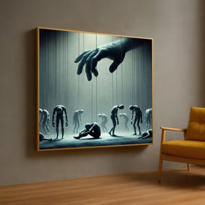 Surreal Puppeteer Canvas Art: Dark Marionette Figures, Modern Home Decor