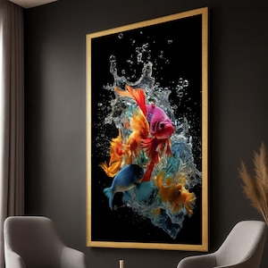 Vibrant Betta Fish Canvas, Colorful Aquarium Art, Splash Water Wall Decor, Underwater Nature Canvas, Exotic Fish Home Decoration