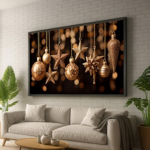 Gold Glitter Christmas Ornaments Canvas: Festive Holiday Wall Art