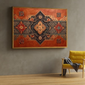 Può includere: Un'opera d'arte incorniciata con un intricato design geometrico. L'opera presenta un motivo centrale nei toni del blu, rosso e oro su uno sfondo rosso-arancio. La cornice è di colore marrone chiaro.