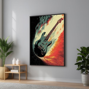 Electric Guitar in Cosmic Flames Canvas Wall Art, Abstract Music Instrument Design, Rock & Roll Home Decoration, Vibrant Wall Hanging