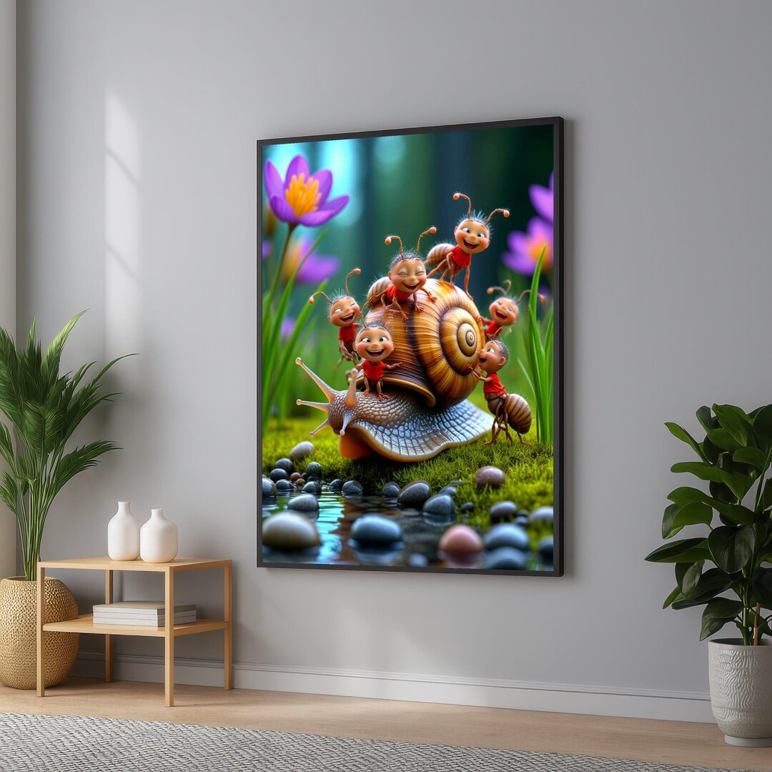 Cartoon Ants Riding Snail Canvas Print: Whimsical Kids Room Wall Art - Etsy