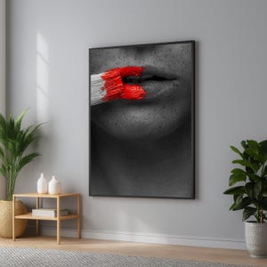 Lienzo de labios rojos, arte mural artístico de primer plano de rostro, lienzo de retrato en blanco y negro, acentos de color intensos, decoración moderna para el hogar.