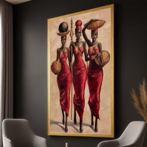 African Women in Red Dresses Canvas Art: Ethnic Tribal Wall Decor