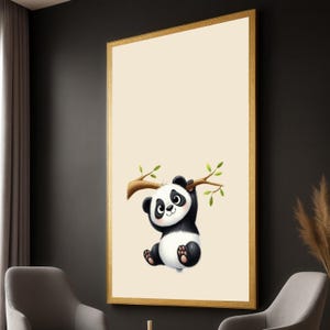 Cute Baby Panda Canvas Wall Art, Adorable Wildlife Nursery Decor, Kids Room Animal Canvas, Playful Panda Hanging on Branch