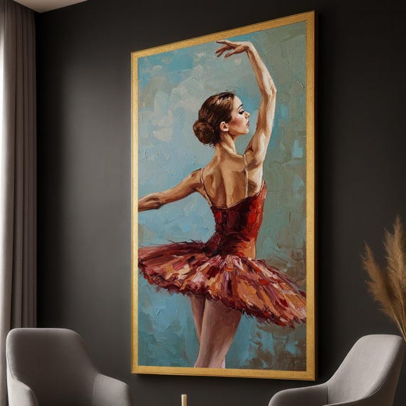 バレリーナのダンスポーズキャンバスアート：エレガントなバレエ油絵