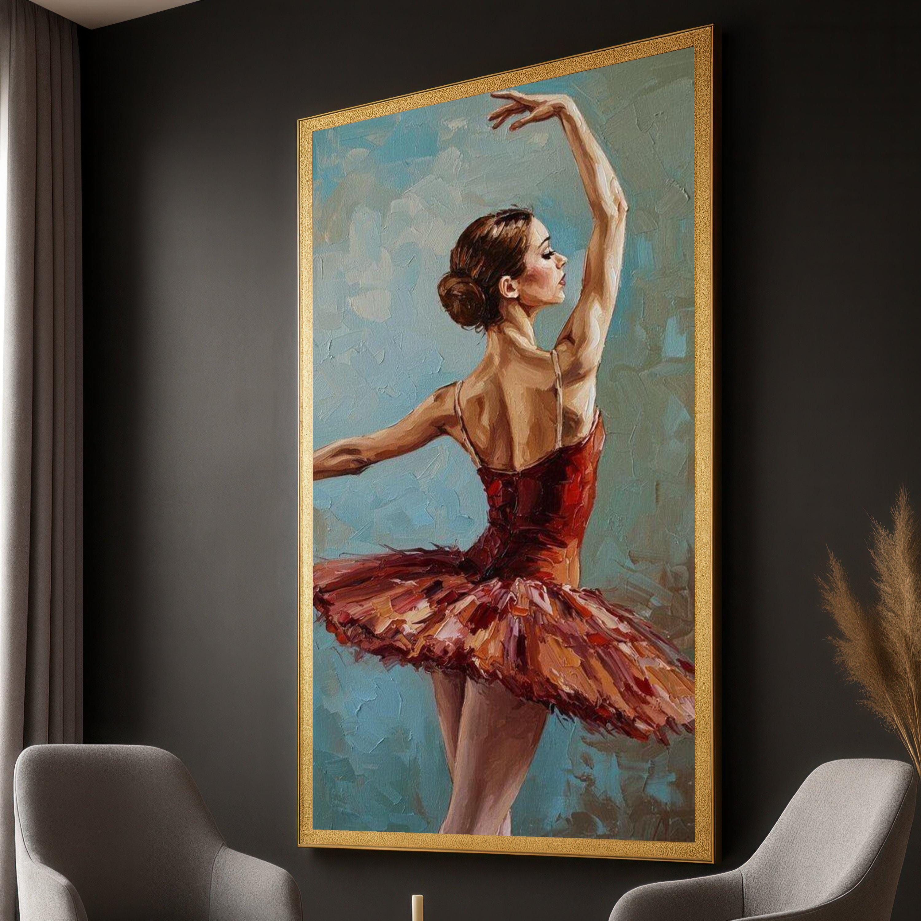 バレリーナのダンスポーズキャンバスアート：エレガントなバレエ油絵