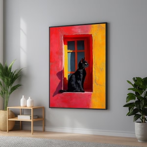 Black Cat Canvas Art: Colorful Window Frame, Modern Home Decor