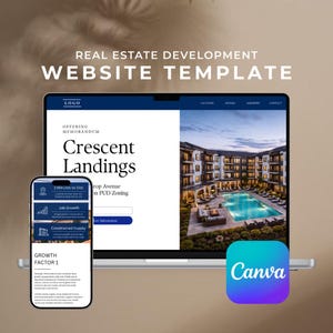 May include: A laptop and smartphone displaying a real estate website template. The laptop screen shows a website design with the text "Crescent Landings" and a photo of a building with a pool. The smartphone shows website features. The Canva logo is visible.