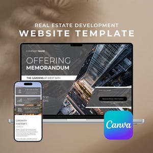May include: A laptop and smartphone display a real estate website template. The laptop screen shows an "Offering Memorandum" with a city view. The smartphone displays site details. The Canva logo is visible.