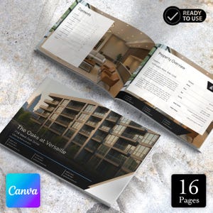 Puede incluir: Folleto abierto con una descripción general de la propiedad y una página de contenido. La portada presenta un edificio moderno con el texto "The Oaks at Versaille". El folleto está etiquetado como "Listo para usar" y tiene 16 páginas. El logotipo de Canva es visible.