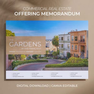 May include: A promotional flyer for commercial real estate, featuring a scenic view of San Francisco's Lombard Street. The flyer includes the text "THE GARDENS IN SAN FRANCISCO" and "OFFERING MEMORANDUM APARTMENT COMMUNITY". The flyer is a digital download and Canva editable.