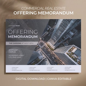 May include: A digital offering memorandum template for commercial real estate. The design features a high-angle view of a city with skyscrapers. Text includes "Offering Memorandum" and "The Gardens at West 55th."