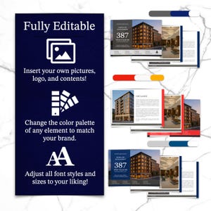 K&ouml;nnte beinhalten: Eine marineblaue Werbevorlage mit dem Text "Vollst&auml;ndig bearbeitbar" und Anweisungen zum Einf&uuml;gen von Bildern, &Auml;ndern der Farbpalette und Anpassen der Schriftstile. Beispiel-Layouts eines Geb&auml;udes werden gezeigt.