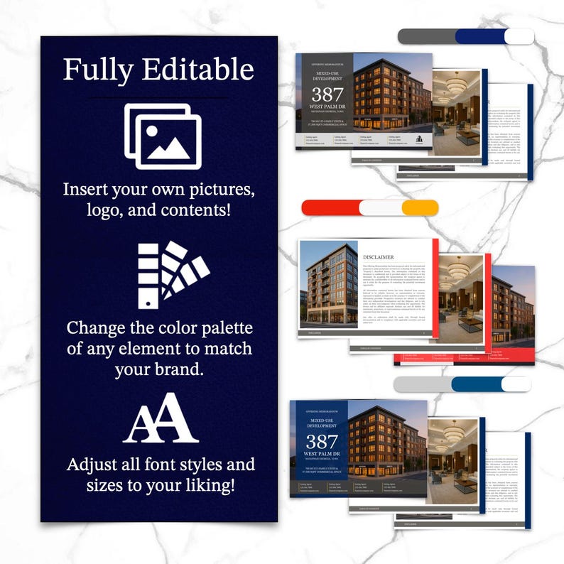 K&ouml;nnte beinhalten: Eine marineblaue Werbevorlage mit dem Text "Vollst&auml;ndig bearbeitbar" und Anweisungen zum Einf&uuml;gen von Bildern, &Auml;ndern der Farbpalette und Anpassen der Schriftstile. Beispiel-Layouts eines Geb&auml;udes werden gezeigt.