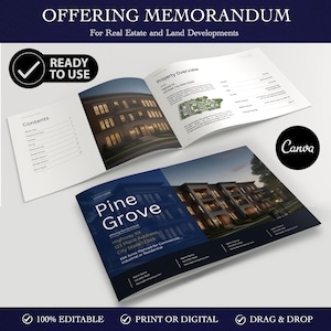 May include: An open offering memorandum for real estate and land developments. The cover features the text "Pine Grove" over an image of a building. The document includes a table of contents and property overview. The Canva logo is visible.