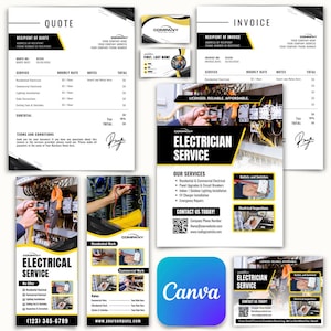 Puede incluir: Un conjunto de documentos comerciales y materiales promocionales para un servicio de electricista. Incluye un presupuesto, una factura, tarjetas de visita y folletos. Los folletos anuncian servicios eléctricos.