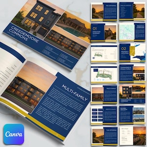 May include: A brochure for Creedemoore Commons, featuring images of modern multi-family housing. The brochure has a navy blue and gold color scheme, with sections on executive summaries, property locations, and nearby industry. The Canva logo is visible in the bottom left corner.