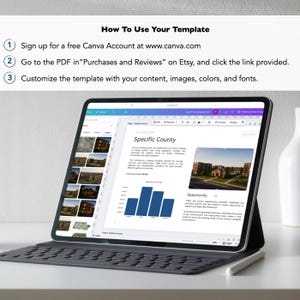 K&ouml;nnte beinhalten: Ein digitales Tablet zeigt ein Dokument mit dem Titel "Specific County" mit Diagrammen und Bildern. Auf dem Bildschirm stehen Anweisungen: "Melden Sie sich f&uuml;r ein kostenloses Canva-Konto an", "Gehen Sie zur PDF-Datei in K&auml;ufe und Bewertungen auf Etsy" und "Passen Sie die Vorlage an".