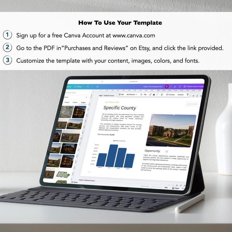 K&ouml;nnte beinhalten: Ein digitales Tablet zeigt ein Dokument mit dem Titel "Specific County" mit Diagrammen und Bildern. Auf dem Bildschirm stehen Anweisungen: "Melden Sie sich f&uuml;r ein kostenloses Canva-Konto an", "Gehen Sie zur PDF-Datei in K&auml;ufe und Bewertungen auf Etsy" und "Passen Sie die Vorlage an".