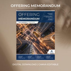 May include: A digital download real estate offering memorandum. The document features the title "Offering Memorandum" and includes details such as the apartment complex, address, number of units, and zoning information. The image shows a high-angle view of a city.