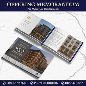 K&ouml;nnte beinhalten: Ge&ouml;ffnete Brosch&uuml;re mit dem Titel "OFFERING MEMORANDUM" f&uuml;r gemischte Nutzungen. Die Brosch&uuml;re zeigt Bilder von Geb&auml;uden und Text, darunter "EXECUTIVE SUMMARY" und "OFFERING SUMMARY". Auf dem Cover steht die Adresse "387 WEST PALM DR".