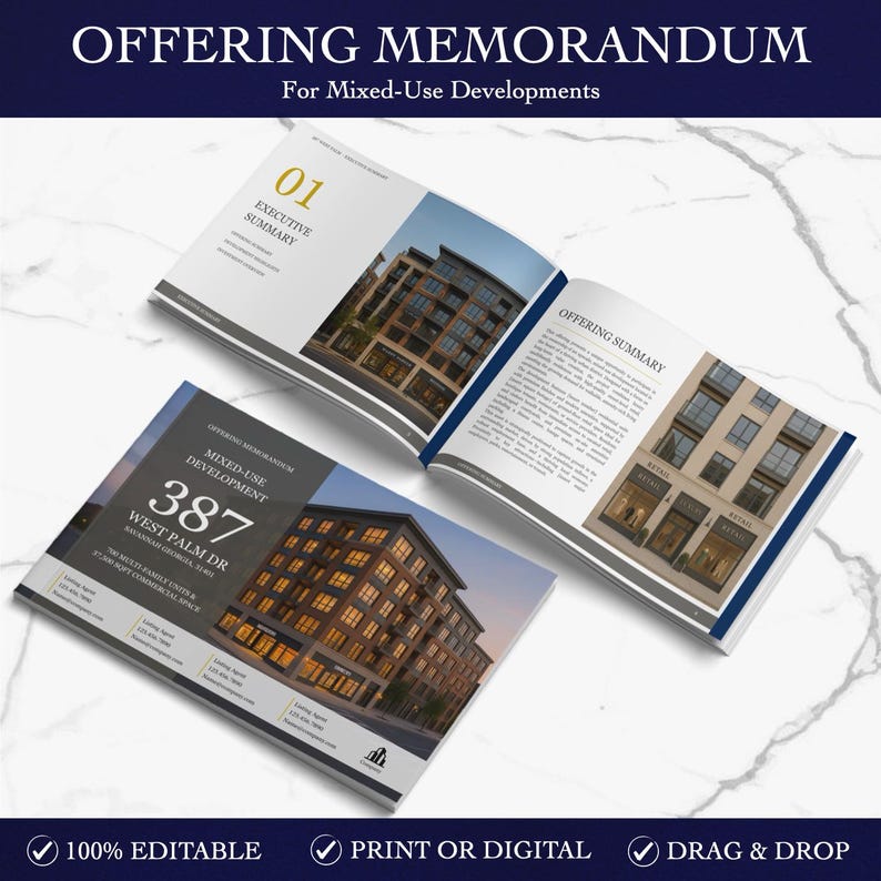 K&ouml;nnte beinhalten: Ge&ouml;ffnete Brosch&uuml;re mit dem Titel "OFFERING MEMORANDUM" f&uuml;r gemischte Nutzungen. Die Brosch&uuml;re zeigt Bilder von Geb&auml;uden und Text, darunter "EXECUTIVE SUMMARY" und "OFFERING SUMMARY". Auf dem Cover steht die Adresse "387 WEST PALM DR".