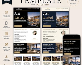 Gerade Aufgelistete Immobilien Mailchimp Template | Anpassbare E-Mail-Vorlage | Bearbeitbares Luxusobjekt-marketing für Makler
