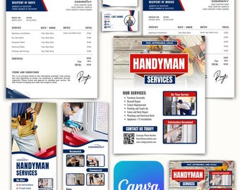 May include: A collection of handyman service templates, including a quote form, invoice, business card, and promotional materials. The designs feature a red, white, and blue color scheme with the text "Handyman Services". The Canva logo is also visible.