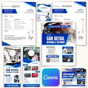 Peut inclure: Ensemble de supports marketing pour services de detailing automobile, comprenant devis, facture, carte de visite et flyers promotionnels. Les designs présentent un code couleur bleu et blanc avec des images de voitures et le logo Canva.