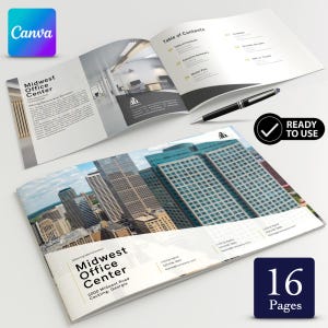 Puede incluir: Folleto abierto para "Midwest Office Center" con una imagen de paisaje urbano. El folleto muestra la tabla de contenidos y otras páginas. Un bolígrafo negro descansa sobre las páginas. El folleto está etiquetado como "Listo para usar" y tiene 16 páginas. El logotipo de Canva está arriba a la izquierda.