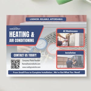 May include: A promotional flyer for a heating and air conditioning company. The flyer features the company name, contact information, and services offered, including AC maintenance and installation. The colour scheme is primarily blue and white.