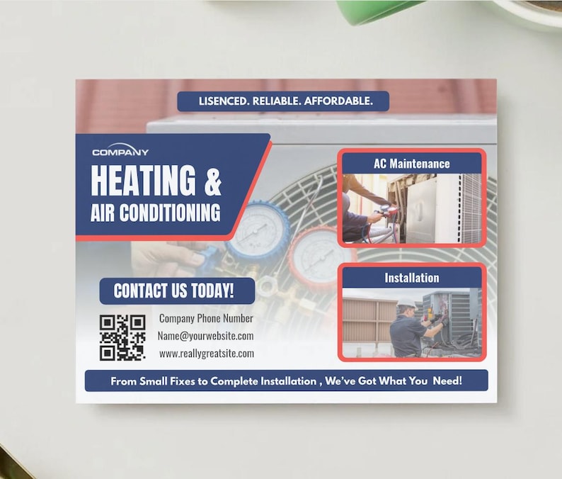 May include: A promotional flyer for a heating and air conditioning company. The flyer features the company name, contact information, and services offered, including AC maintenance and installation. The colour scheme is primarily blue and white.