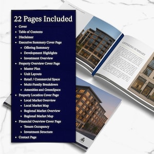 K&ouml;nnte beinhalten: Eine Brosch&uuml;re mit dunkelblauem Umschlag, die 22 Seiten Inhalt auflistet, darunter eine Angebotszusammenfassung, eine Immobilien&uuml;bersicht und eine Finanz&uuml;bersicht. Die Brosch&uuml;re ist ge&ouml;ffnet, um Bilder von Geb&auml;uden zu zeigen.