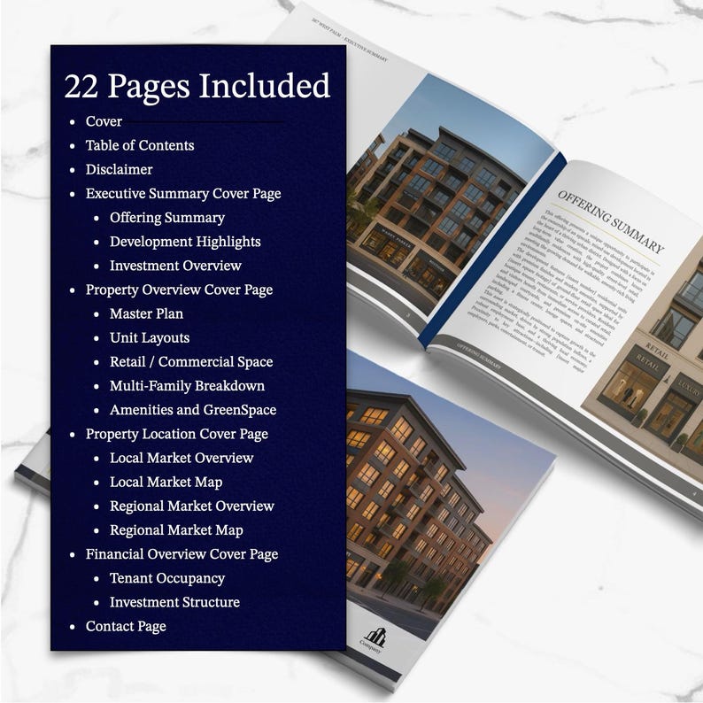 K&ouml;nnte beinhalten: Eine Brosch&uuml;re mit dunkelblauem Umschlag, die 22 Seiten Inhalt auflistet, darunter eine Angebotszusammenfassung, eine Immobilien&uuml;bersicht und eine Finanz&uuml;bersicht. Die Brosch&uuml;re ist ge&ouml;ffnet, um Bilder von Geb&auml;uden zu zeigen.