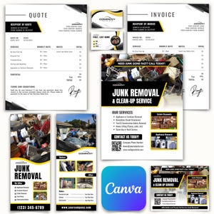 May include: A collection of business documents and promotional materials for a junk removal and clean-up service. The design includes quotes, invoices, business cards, and flyers. The color scheme is black, yellow, and white, with the Canva logo in the bottom center.