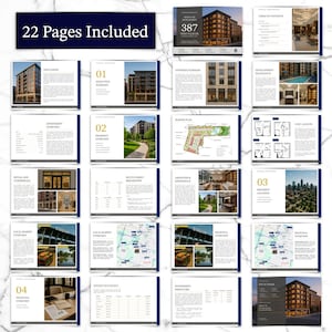 K&ouml;nnte beinhalten: Eine Brosch&uuml;re mit 22 Seiten, die architektonische Renderings, Grundrisse und Finanzdaten enth&auml;lt. Das Cover zeigt ein modernes Geb&auml;ude. Die Seiten enthalten Text und Bilder zu Immobilien und Investitionen.