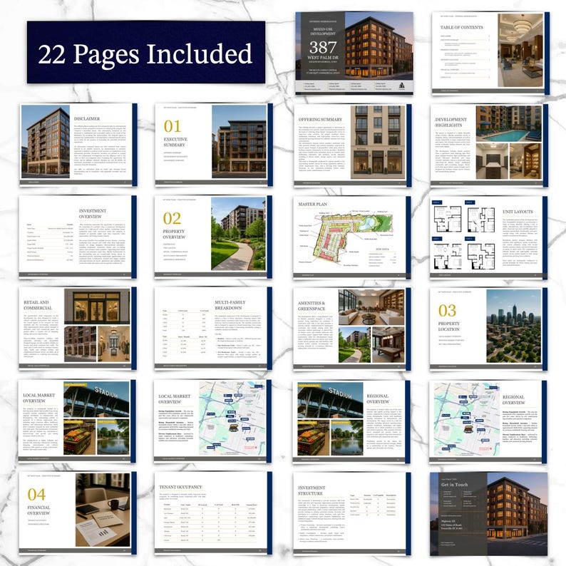 K&ouml;nnte beinhalten: Eine Brosch&uuml;re mit 22 Seiten, die architektonische Renderings, Grundrisse und Finanzdaten enth&auml;lt. Das Cover zeigt ein modernes Geb&auml;ude. Die Seiten enthalten Text und Bilder zu Immobilien und Investitionen.