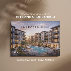 May include: A digital download offering memorandum for commercial real estate. The cover features a rendering of an apartment community with a pool, the address "1234 East Street", and the text "Offering Memorandum | Apartment Community". The text "Commercial Real Estate Offering Memorandum" is at the top.