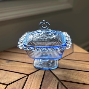 Vintage 1950s Indiana Glass Candy Dish with Lid | Light Blue Lace Edge Footed Bowl