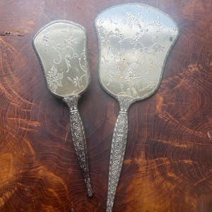 Vintage Silver Tone Vanity Set | Floral Hand Mirror and Hair Brush | Ornate Pressed Metal Scrollwork Dressing Table Set | Mid Century Decor