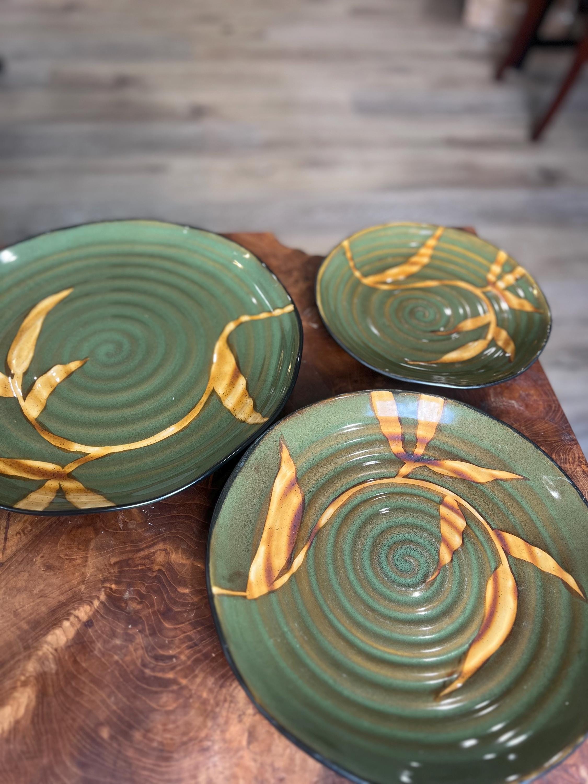 Set 4 Pier 1 One Vintage Red Green Orange Dinner Plates  Pier 1 Orange and Green Dinnerware Set Elegant Dining main image 2