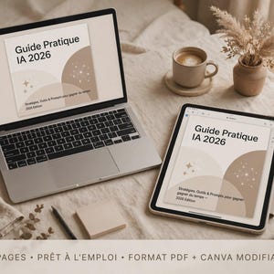 Könnte beinhalten: Ein Laptop und ein Tablet zeigen ein digitales Dokument mit dem Titel Guide Pratique IA 2026 mit beigen und braunen abstrakten Formen und Sternsymbolen. Der Text enthält Stratégies, Outils & Prompts pour gagner du temps 2026 Edition, 35 pages, prêt à l'emploi, format PDF und Canva modifiable.